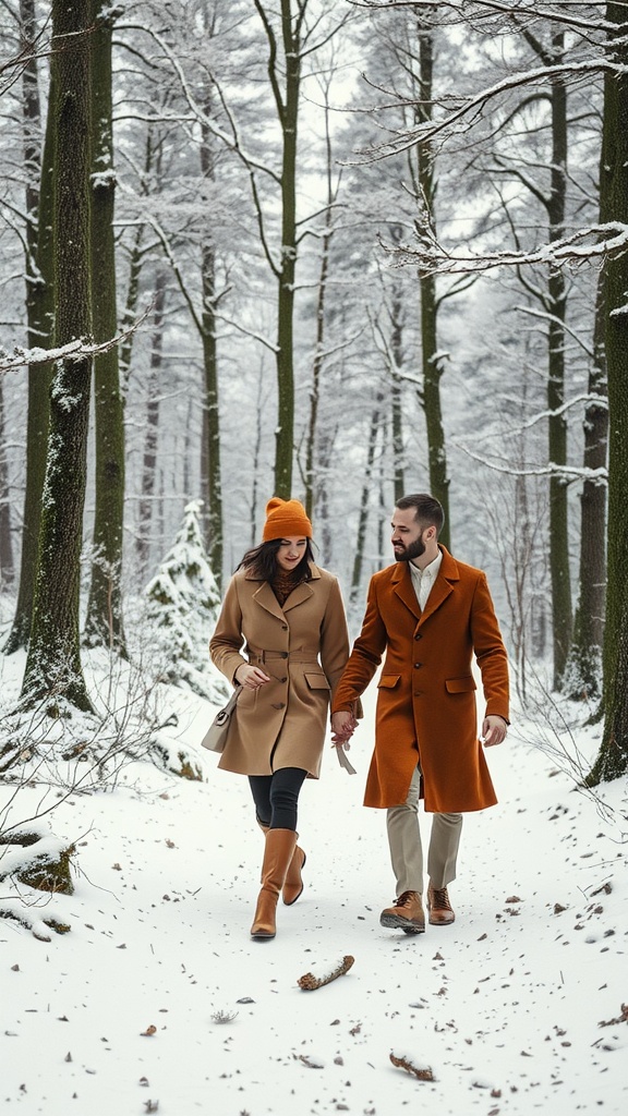 A couple walking hand in hand in a snowy forest, dressed in earthy tones.