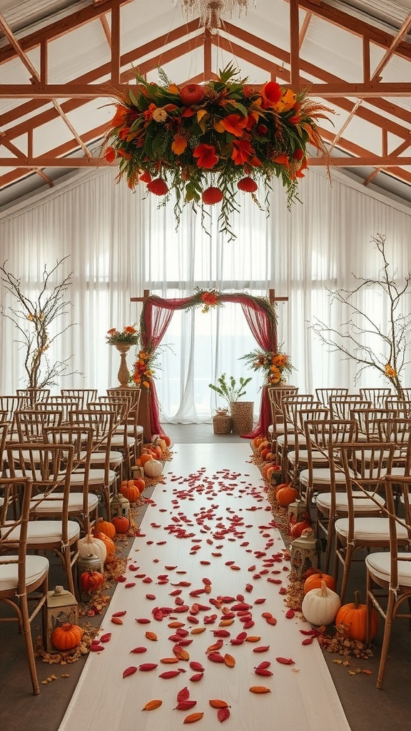 A beautifully decorated wedding venue with floral arrangements, pumpkins, and a petal pathway.