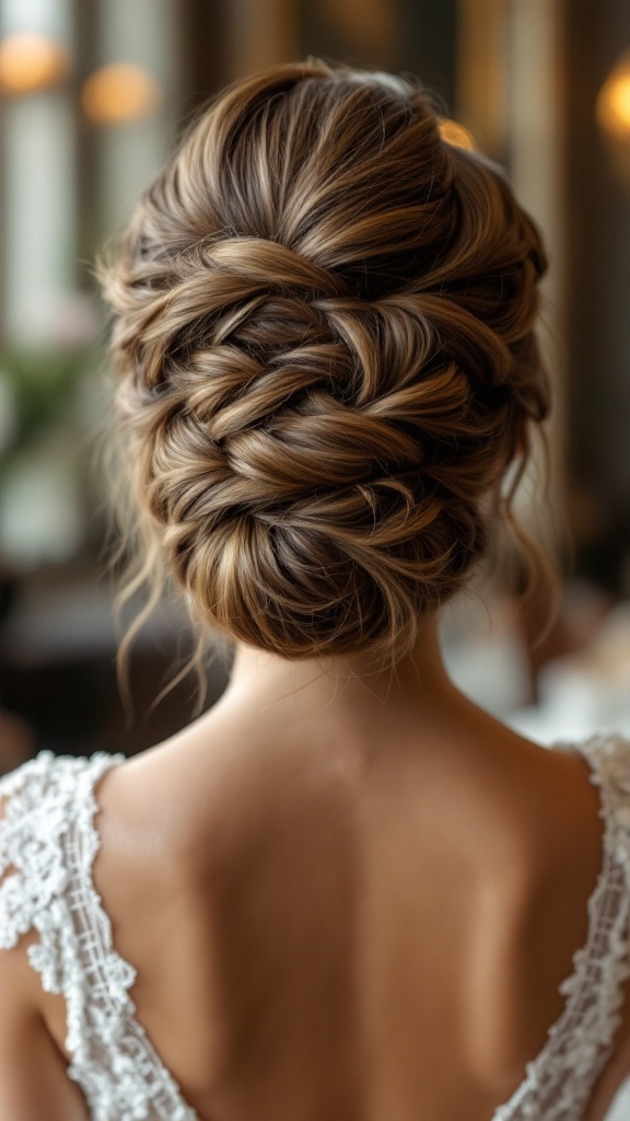 A beautifully styled side chignon hairstyle for a bride, showcasing intricate twists and a floral backdrop.