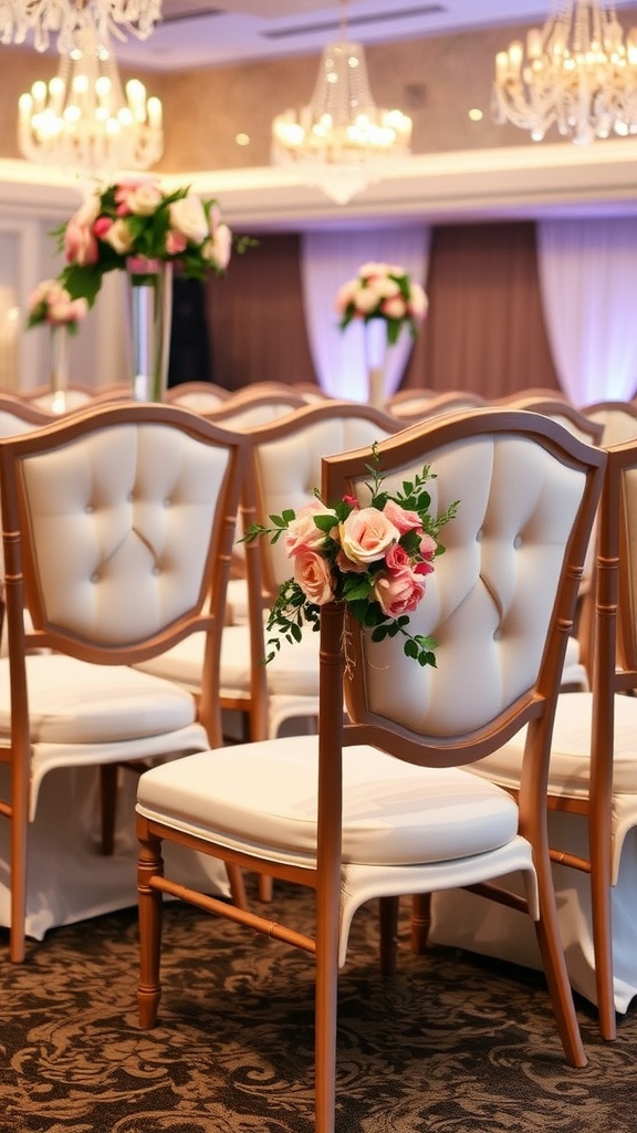 Elegant wedding reception setup with decorated chairs featuring soft pink roses and greenery.