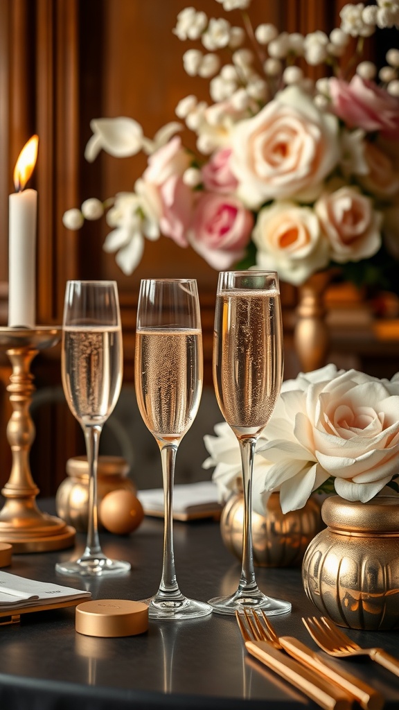 A beautifully arranged table with champagne flutes, flowers, and candles for a bridal shower.