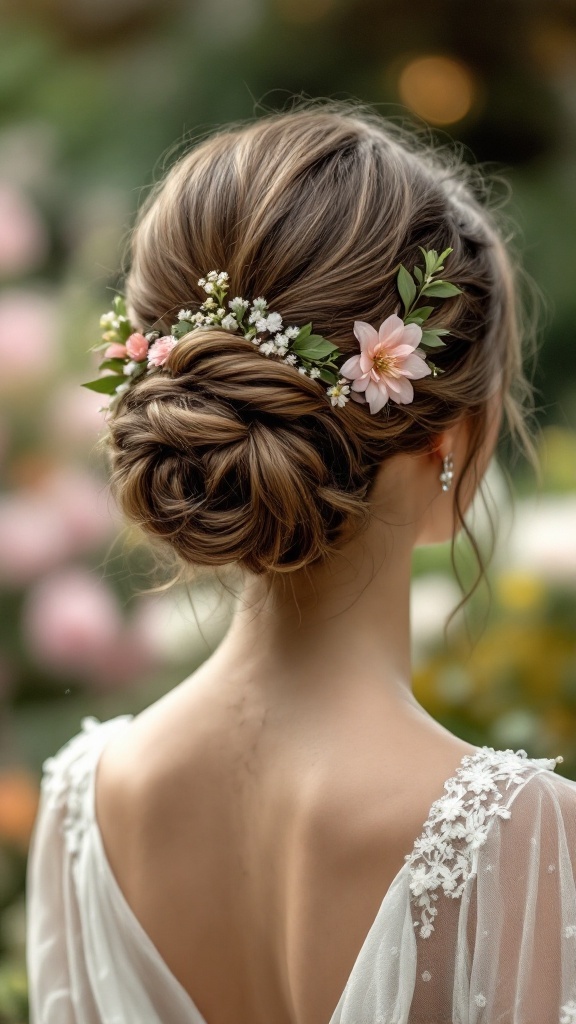 A bride with a chignon hairstyle adorned with pink flowers and greenery.