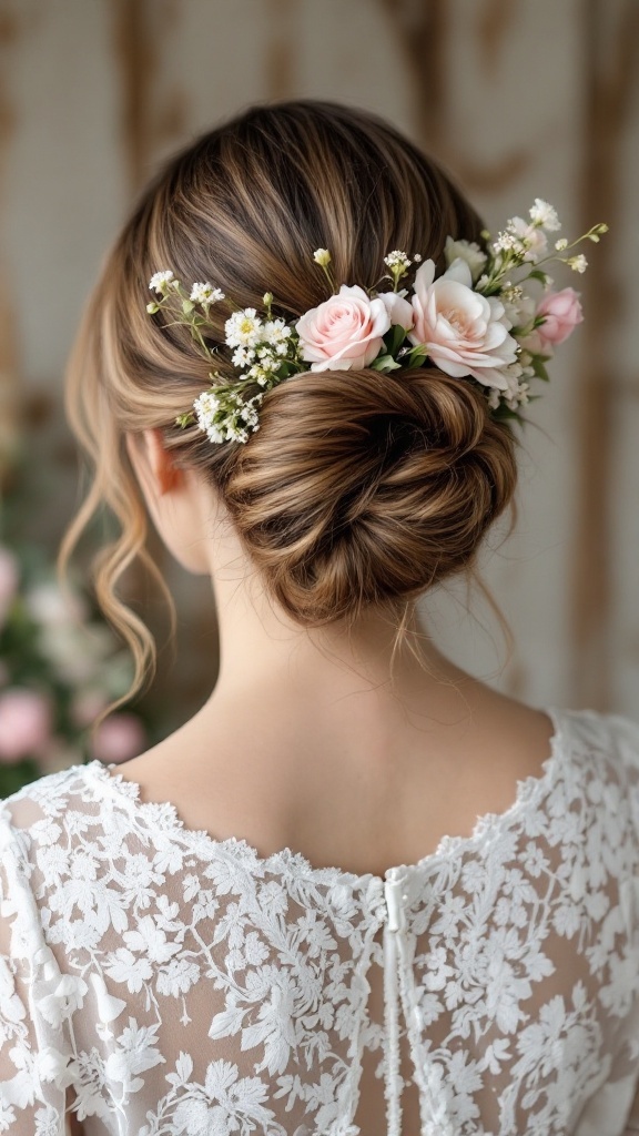 A woman with a chignon hairstyle decorated with pink and white flowers, wearing a lace wedding dress.