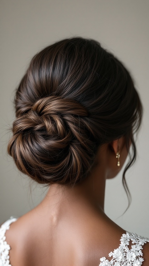 A back view of a woman with a chignon hairstyle featuring a side braid.
