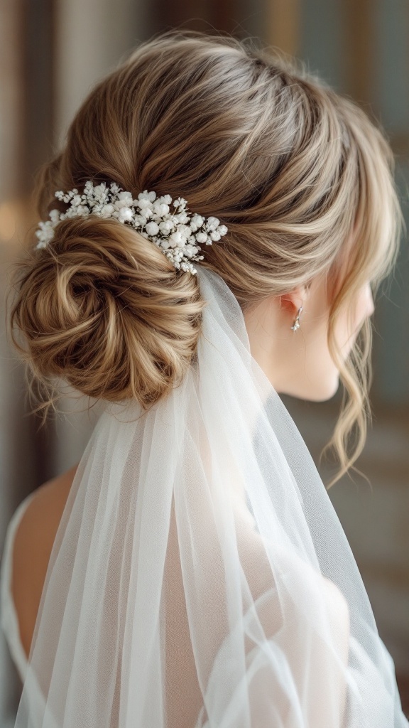 A close-up of a bridesmaid's elegant chignon hairstyle with soft textures and a delicate veil.