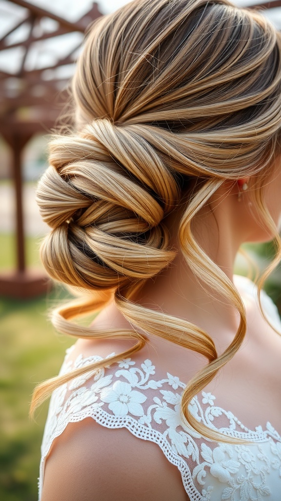 Elegant chignon hairstyle with soft waves, suitable for bridesmaids at a spring wedding.