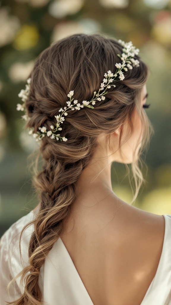 A back view of a woman with a crown braid hairstyle adorned with small white flowers.