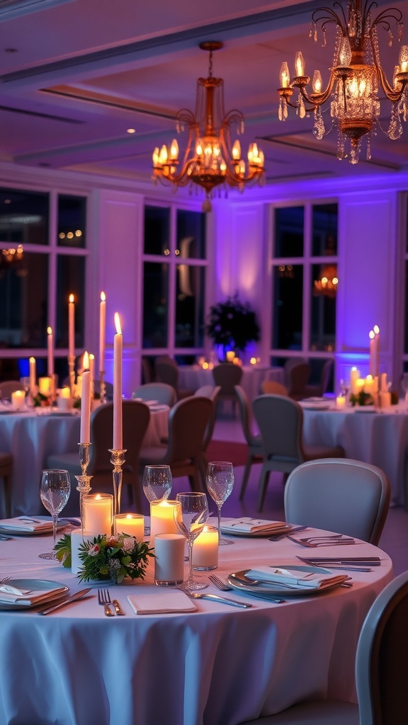An elegant evening bridal shower setup with tables adorned with white tablecloths, candles, and chandeliers.