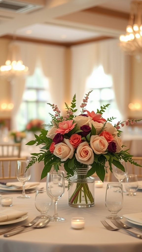 A wedding reception table with an elegant floral centerpiece featuring roses in pink, orange, and purple, surrounded by glassware and candles.