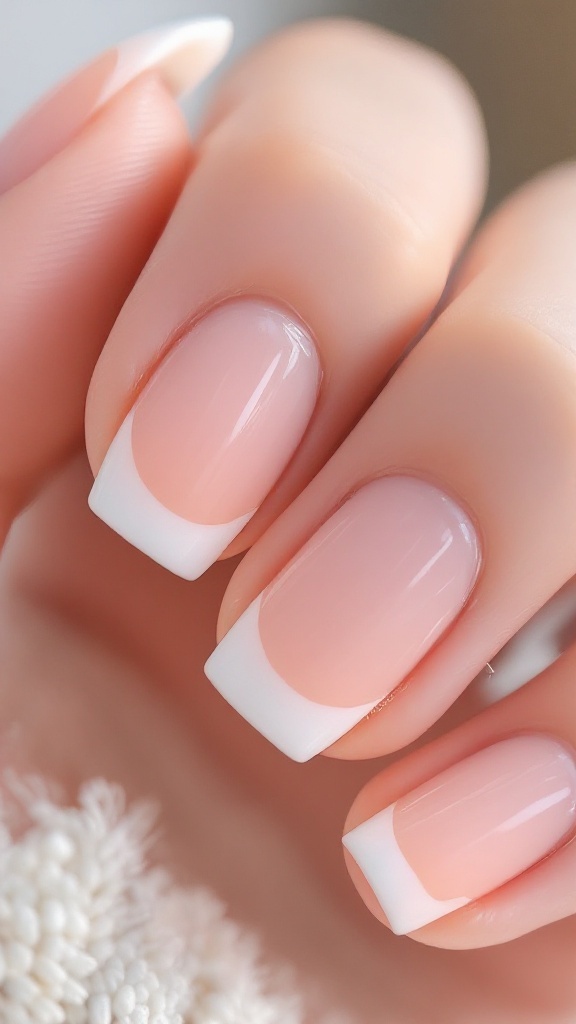 Close-up of square wedding nails featuring elegant French tips with a soft pink base and white tips.