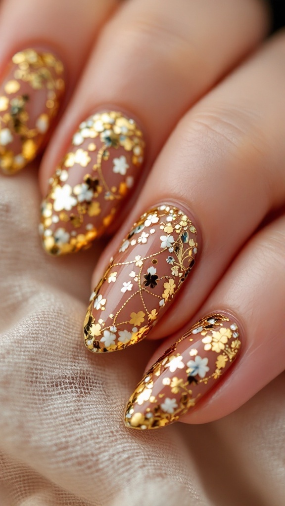 Elegant wedding nails with gold foil and floral designs