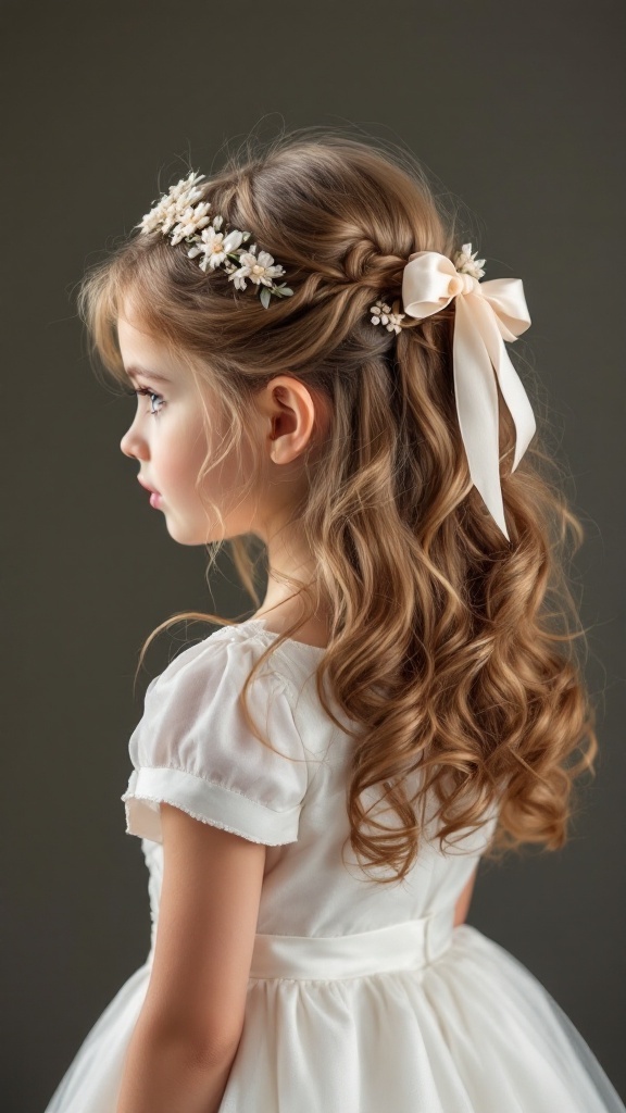 Little girl with a half-up half-down hairstyle featuring a braid and floral accents