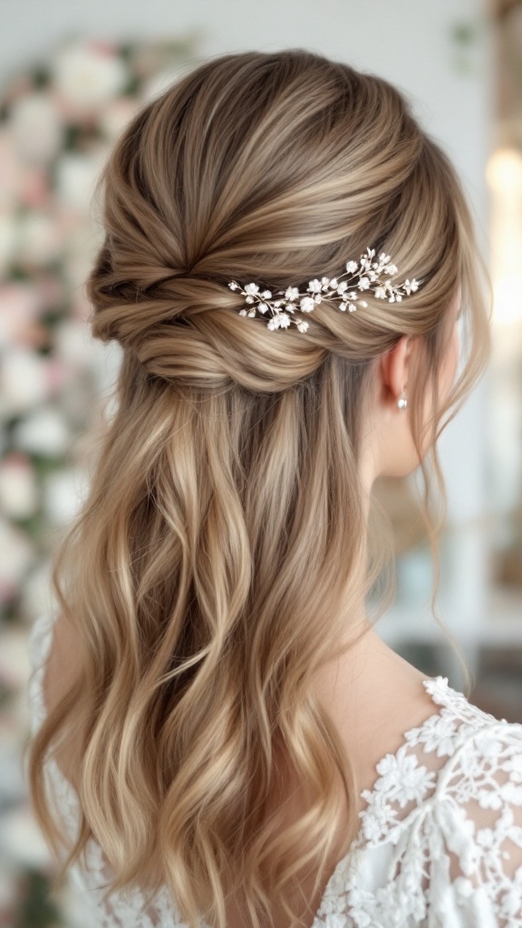 Half-up twist hairstyle with delicate floral hair accessories