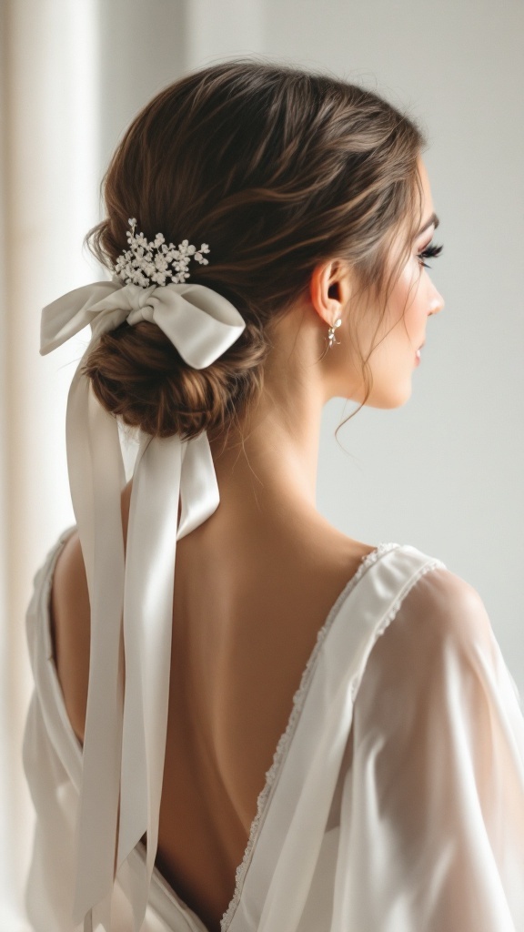 A bride with a low ponytail adorned with a ribbon and floral accessory, showcasing a romantic hairstyle.