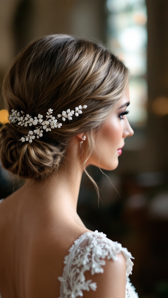 Bride with a low side bun hairstyle and floral hair accessory.