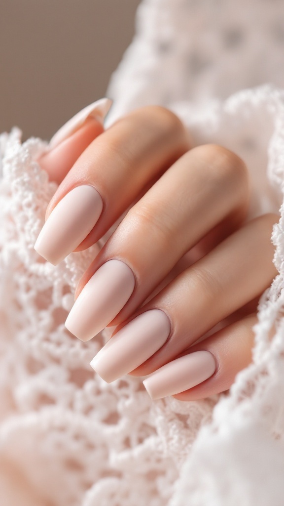 A close-up of beautifully manicured nude matte nails resting on lace fabric.