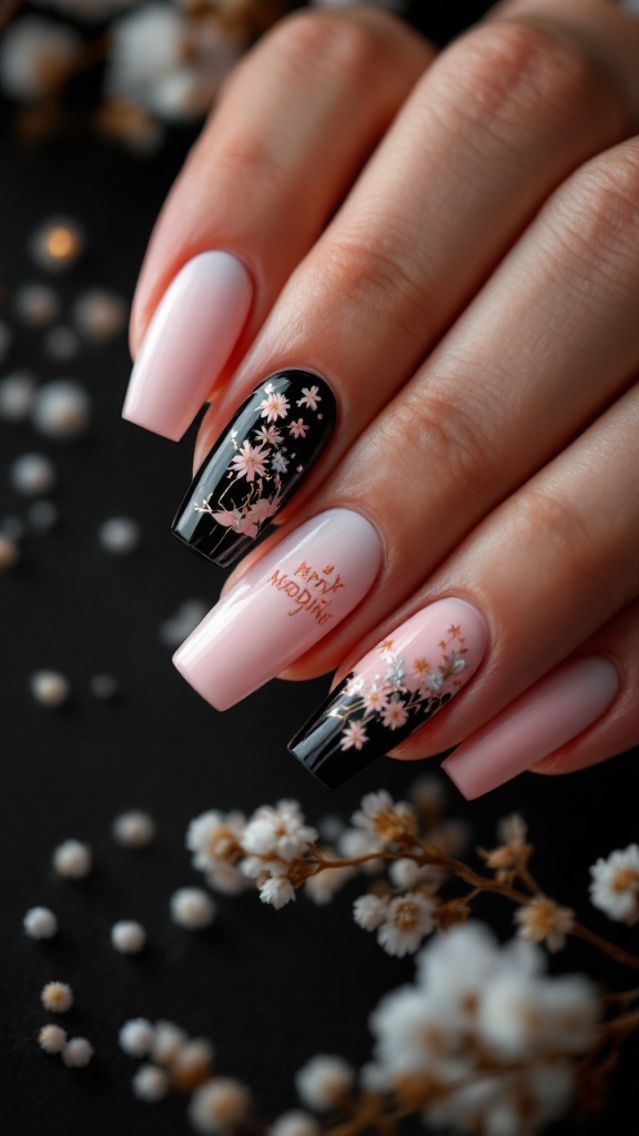 Wedding nails featuring elegant negative space designs with pink and black colors and floral accents.