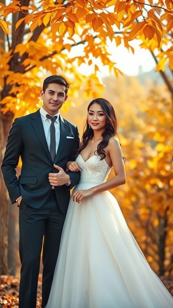 A couple in formal attire posing in a scenic autumn setting with golden leaves.