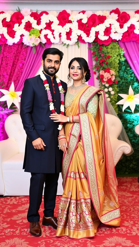 Two individuals in vibrant saris standing together in front of a colorful floral backdrop, smiling and posing elegantly.