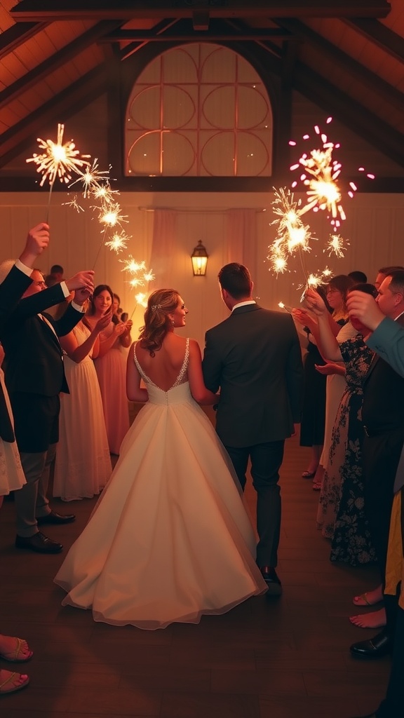 Newlyweds walking away from their wedding reception, surrounded by guests holding sparklers.