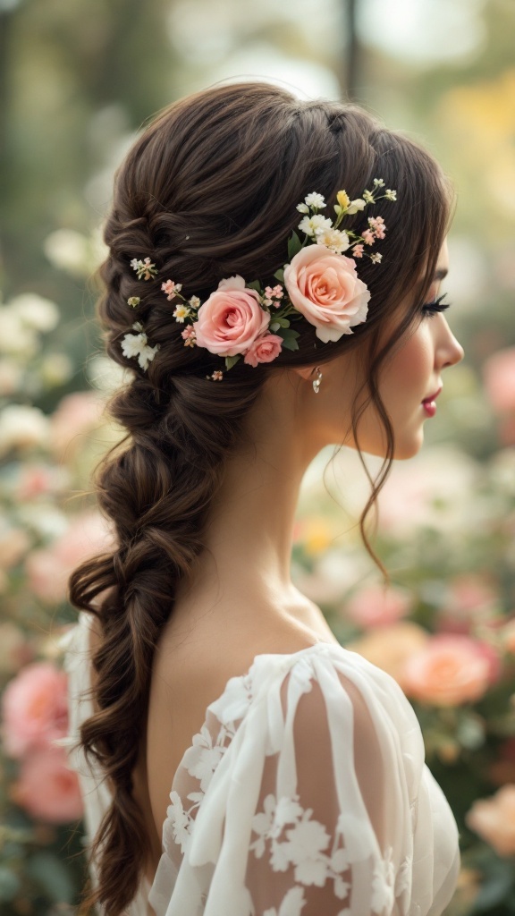 A side view of a woman with a braided hairstyle adorned with pink roses and small white flowers.