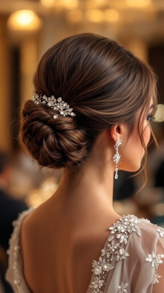 A close-up of a side bun hairstyle adorned with sparkling accessories, showcasing a bridesmaid's elegant look.