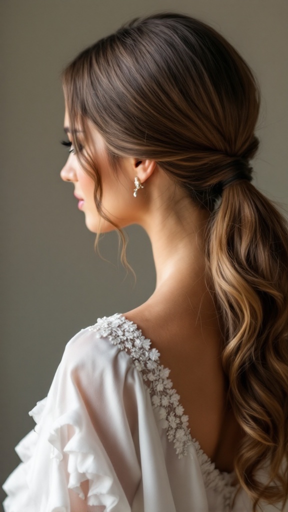 A side ponytail hairstyle with loose waves, complemented by delicate earrings, showcasing a simple yet elegant look.