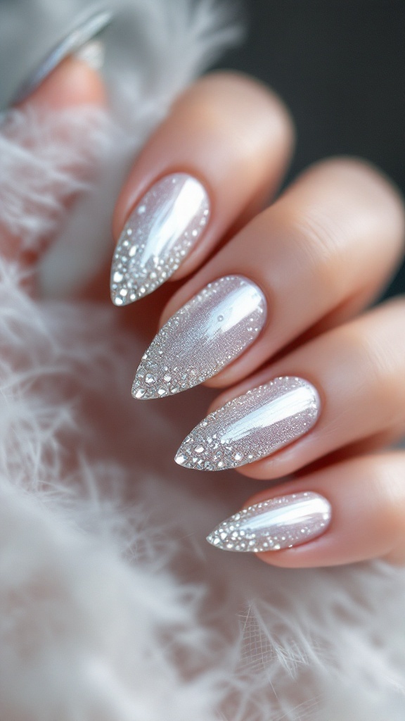 Close-up of elegant silver chrome wedding nails with embellishments.