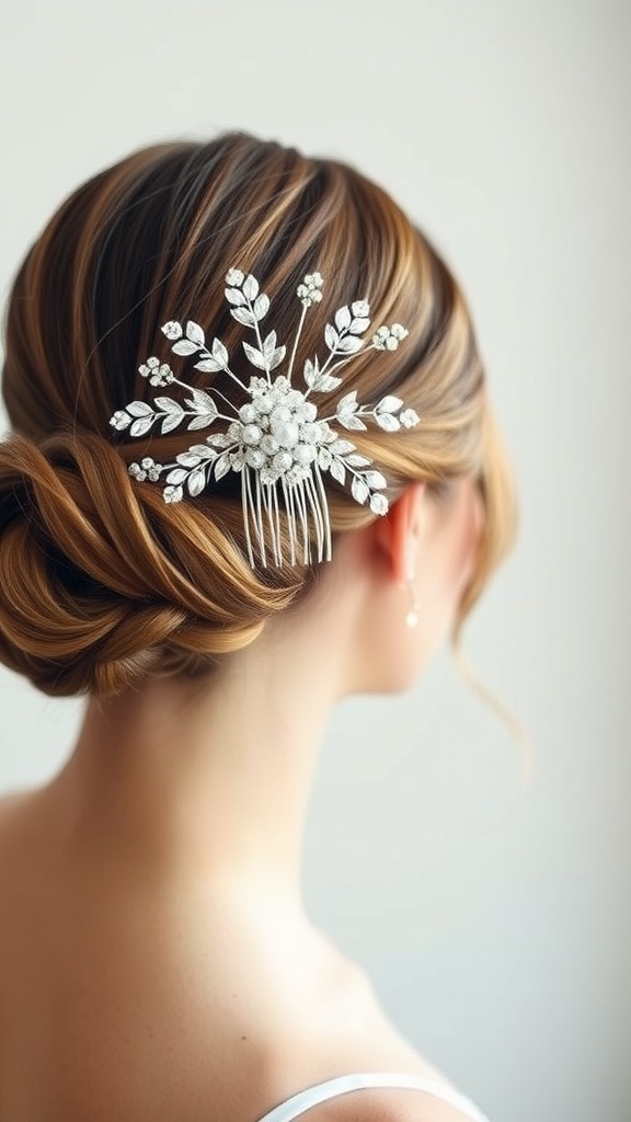 A close-up view of a sleek bun hairstyle adorned with a decorative comb, showing off elegant details.