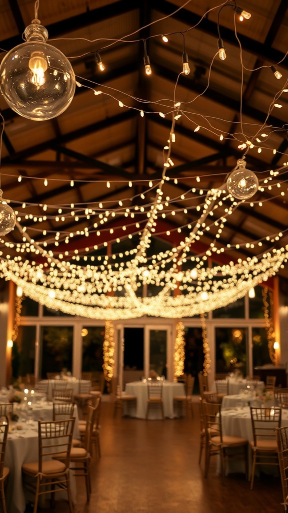 A wedding reception with string lighting adorning the ceiling, creating a warm and inviting atmosphere.