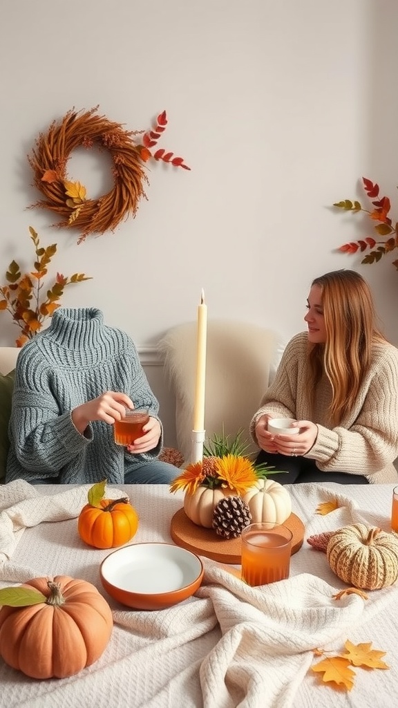 A cozy bridal shower setup with two women enjoying drinks surrounded by pumpkins and seasonal decor.