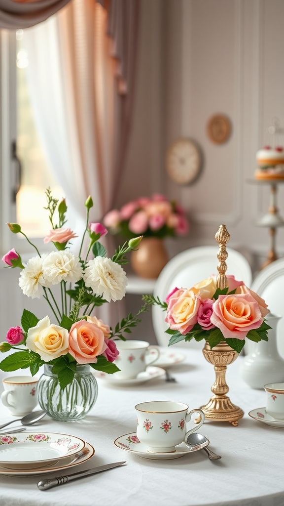 A beautifully arranged tea party table with floral centerpieces and elegant china.