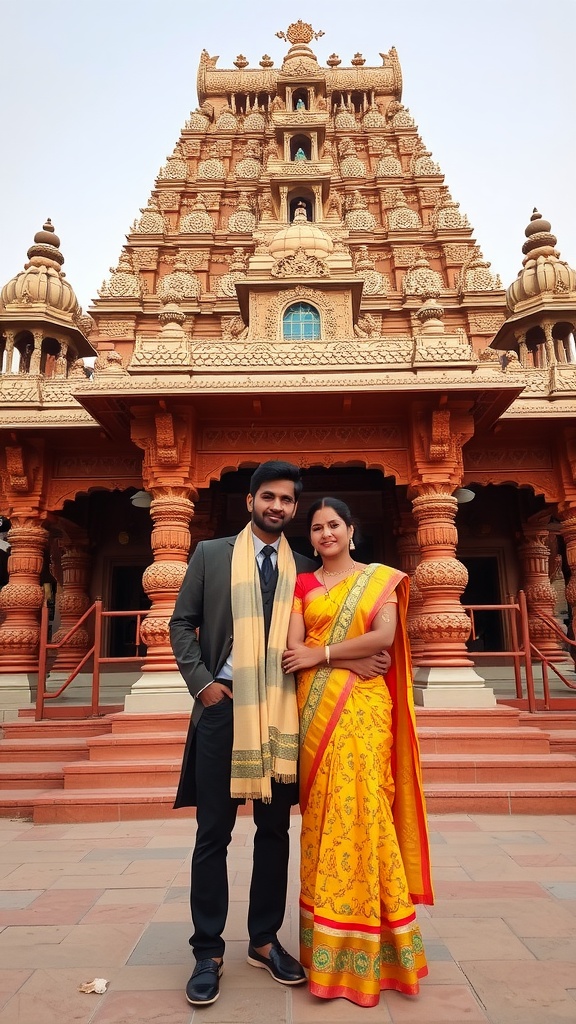 Couple posing in front of a beautifully designed temple, showcasing traditional attire.