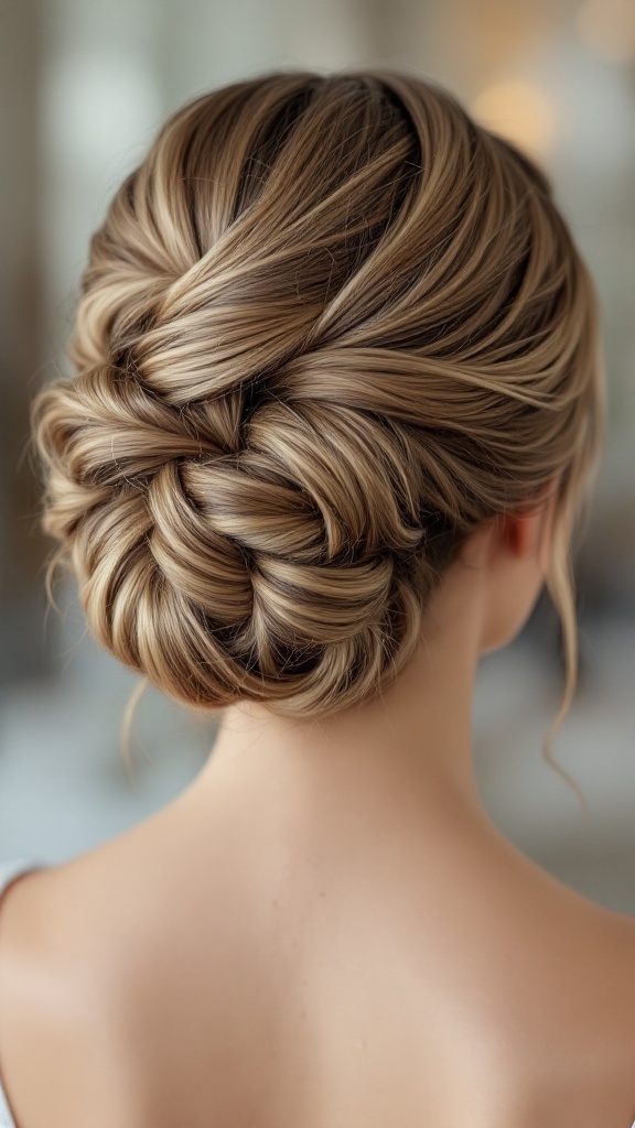 A stylish updo hairstyle featuring a bob base, with soft twists and intricate braiding.