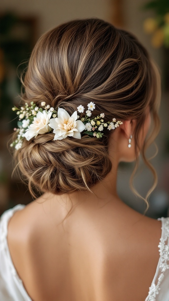 Elegant updo hairstyle with loose curls and floral accents for bridesmaids.