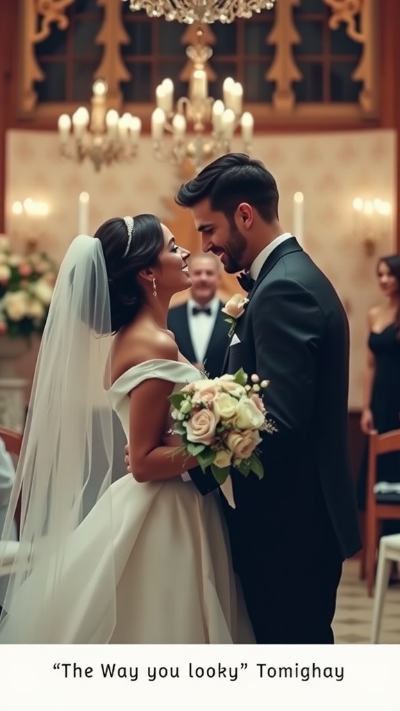 A couple gazing into each other's eyes during a wedding ceremony.
