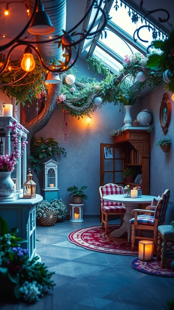 A beautifully decorated room adorned with fairy lights and greenery, perfect for a bridal shower.
