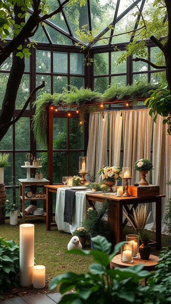 An elegant and cozy bridal shower setup in an enchanted forest theme, featuring wooden tables, candles, and lush greenery.