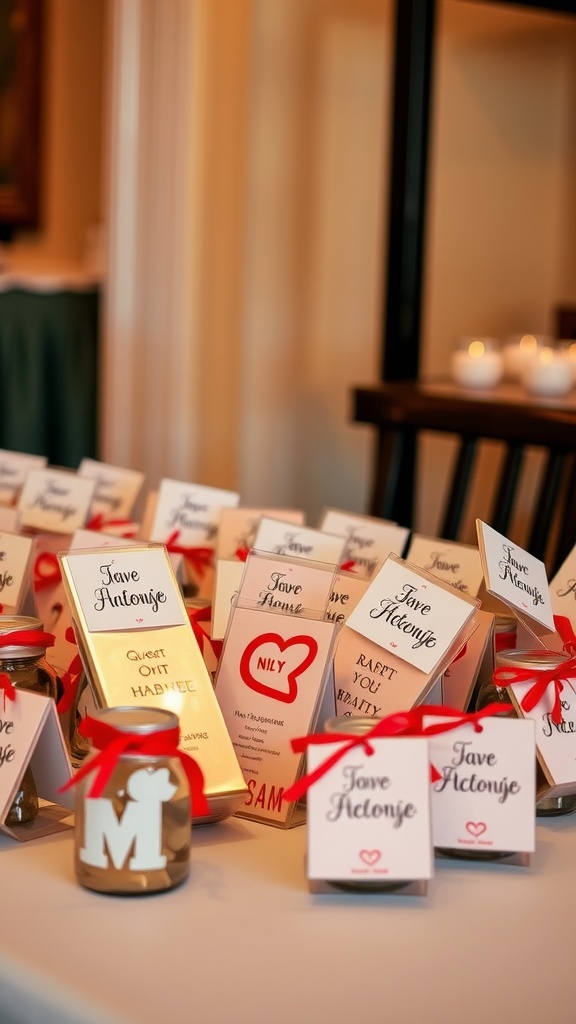 Engagement party favors display with jars and tags