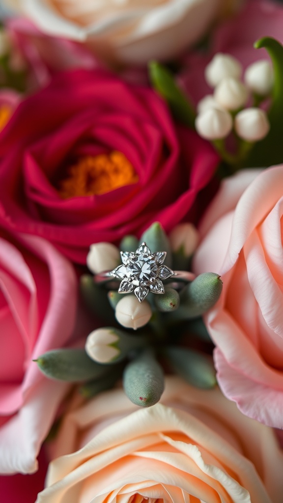 An engagement ring displayed among colorful roses and greenery.