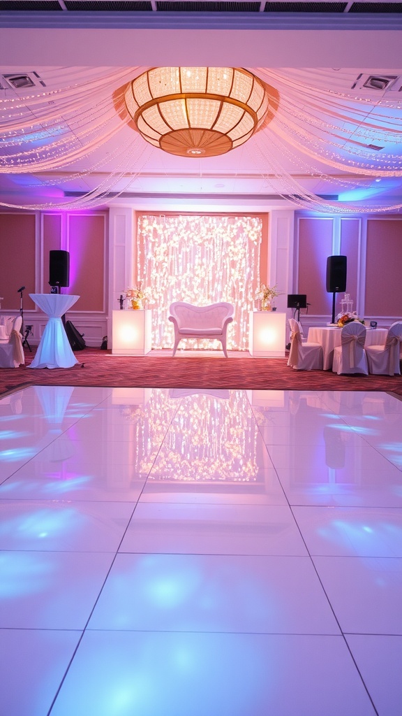 Elegant indoor wedding reception with a glossy dance floor and beautiful decor.