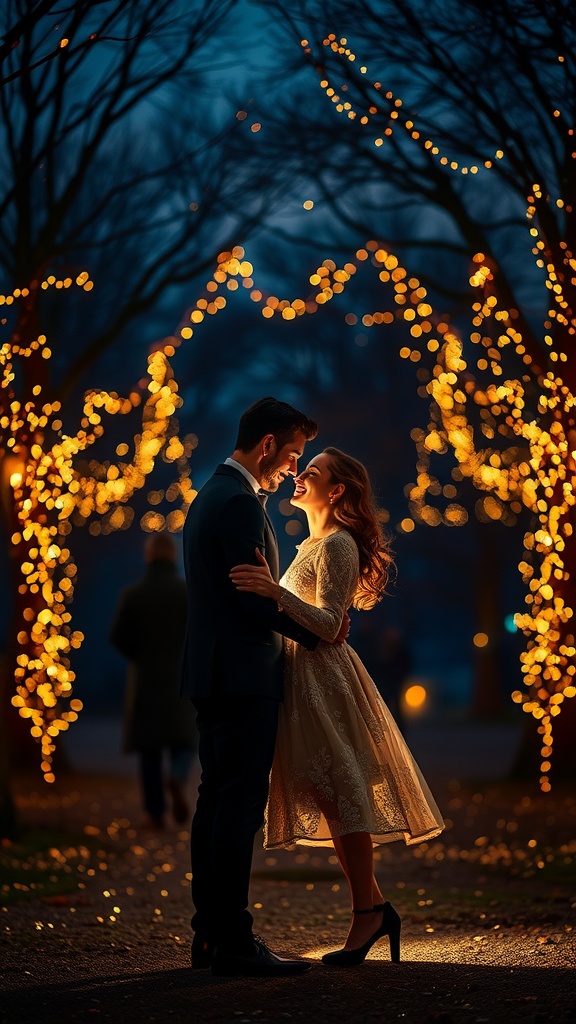 A couple embracing under fairy lights at dusk.