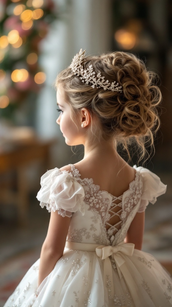 Little girl with a fairytale princess updo hairstyle and a beautiful dress
