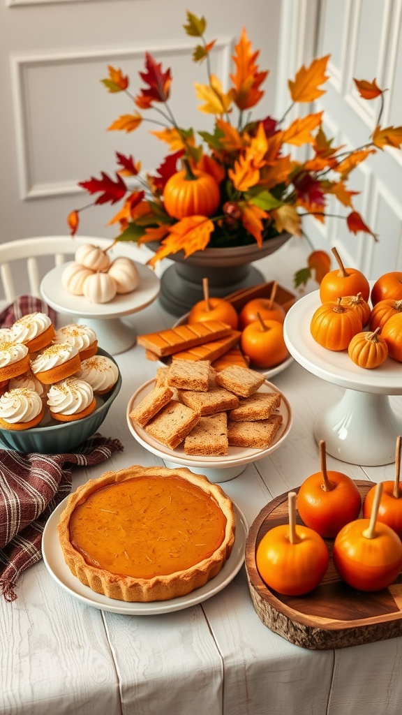 A fall-themed dessert table with pumpkin pie, mini pumpkins, cupcakes, and caramel apples, decorated with autumn leaves.