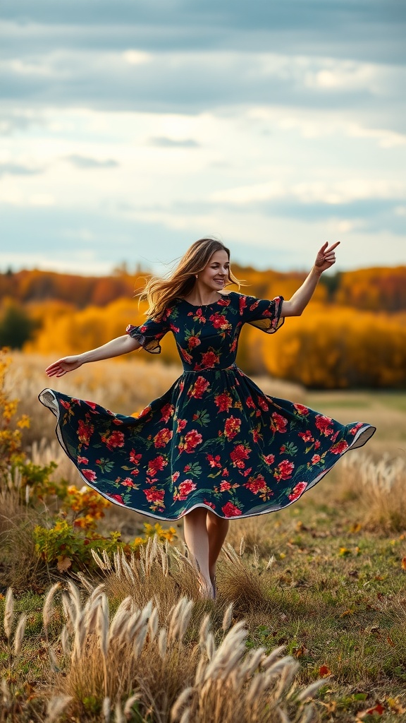 A woman twirling in a floral dress outdoors with fall foliage in the background.