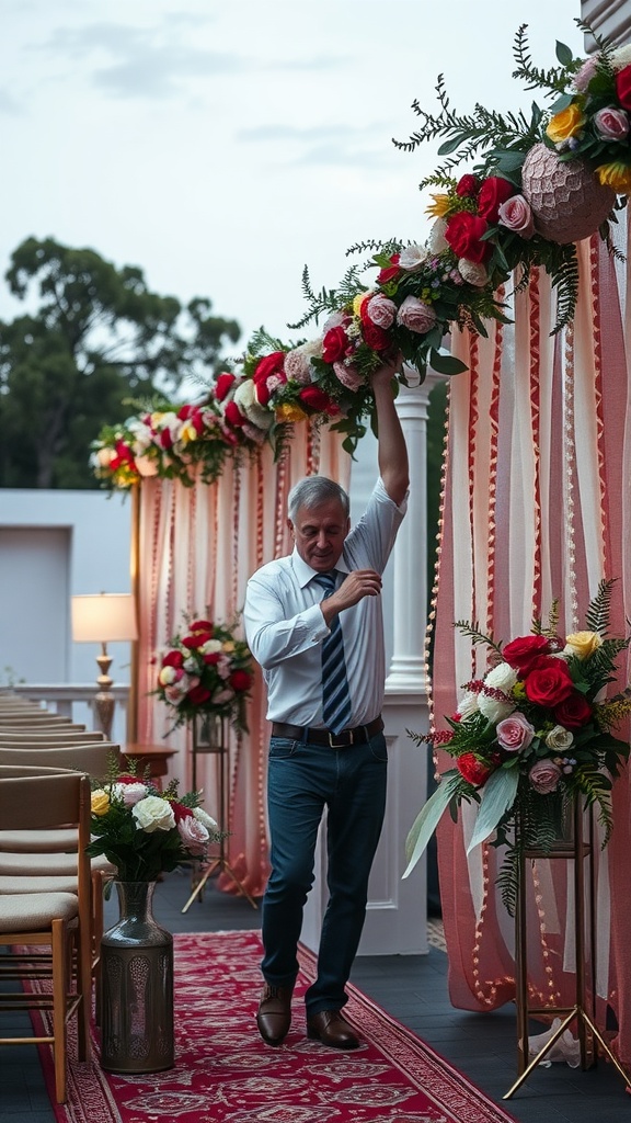A man setting up a wedding floral arrangement with colorful flowers and decorations.