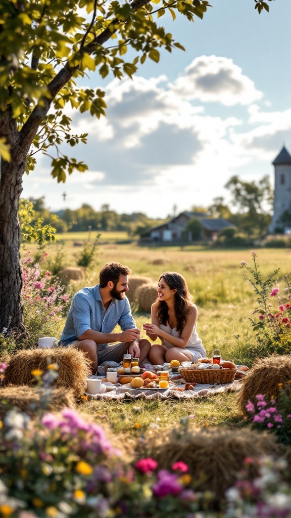 A couple enjoying a picnic in a rustic outdoor setting, surrounded by flowers and hay bales.