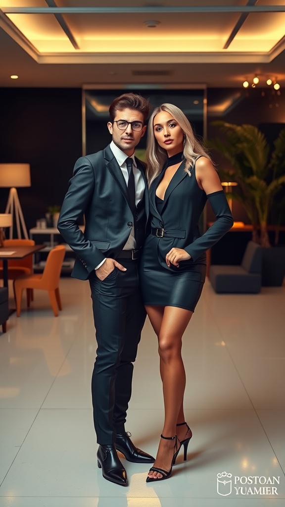A stylish couple in a modern studio, dressed in elegant attire.