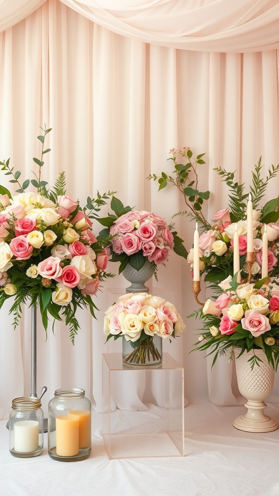 A beautiful display of floral arrangements featuring pink and cream roses, with candles in the foreground, creating a warm and feminine atmosphere.