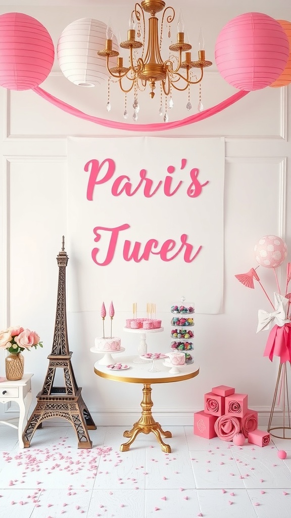 A pink-themed bridal shower setup with Parisian decor, featuring an Eiffel Tower, a dessert table, and elegant pink and white accents.